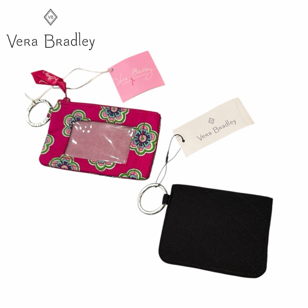 Vera Bradley Pink Sworl Flowers Zip ID Case and Black Campus Double ID